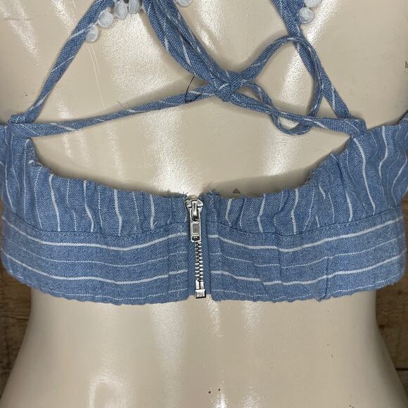 Blue Chambray Denim White Stripe Crop Top Criss Cross Tie Back Size Medium - Picture 6 of 7